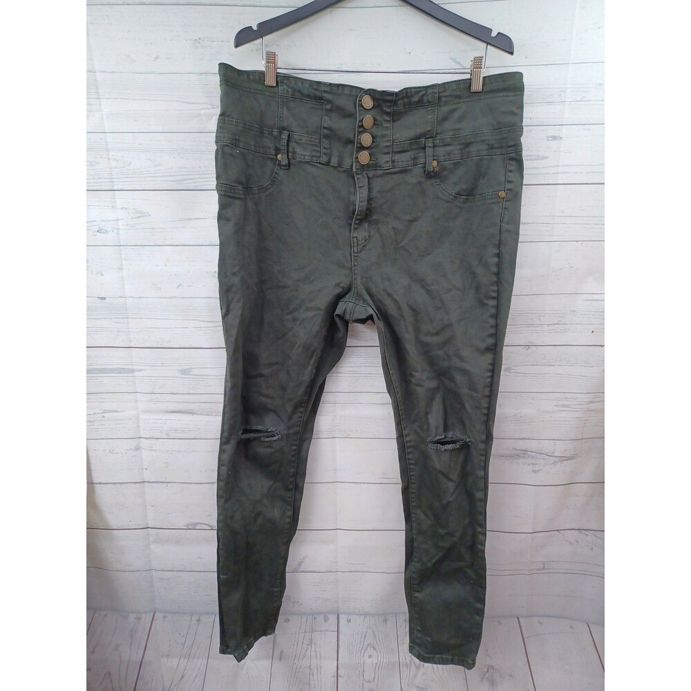 Chic Denim Sz 18 Jeans Olive Green Designed For Fit Distressed Button Fly Sz 18S